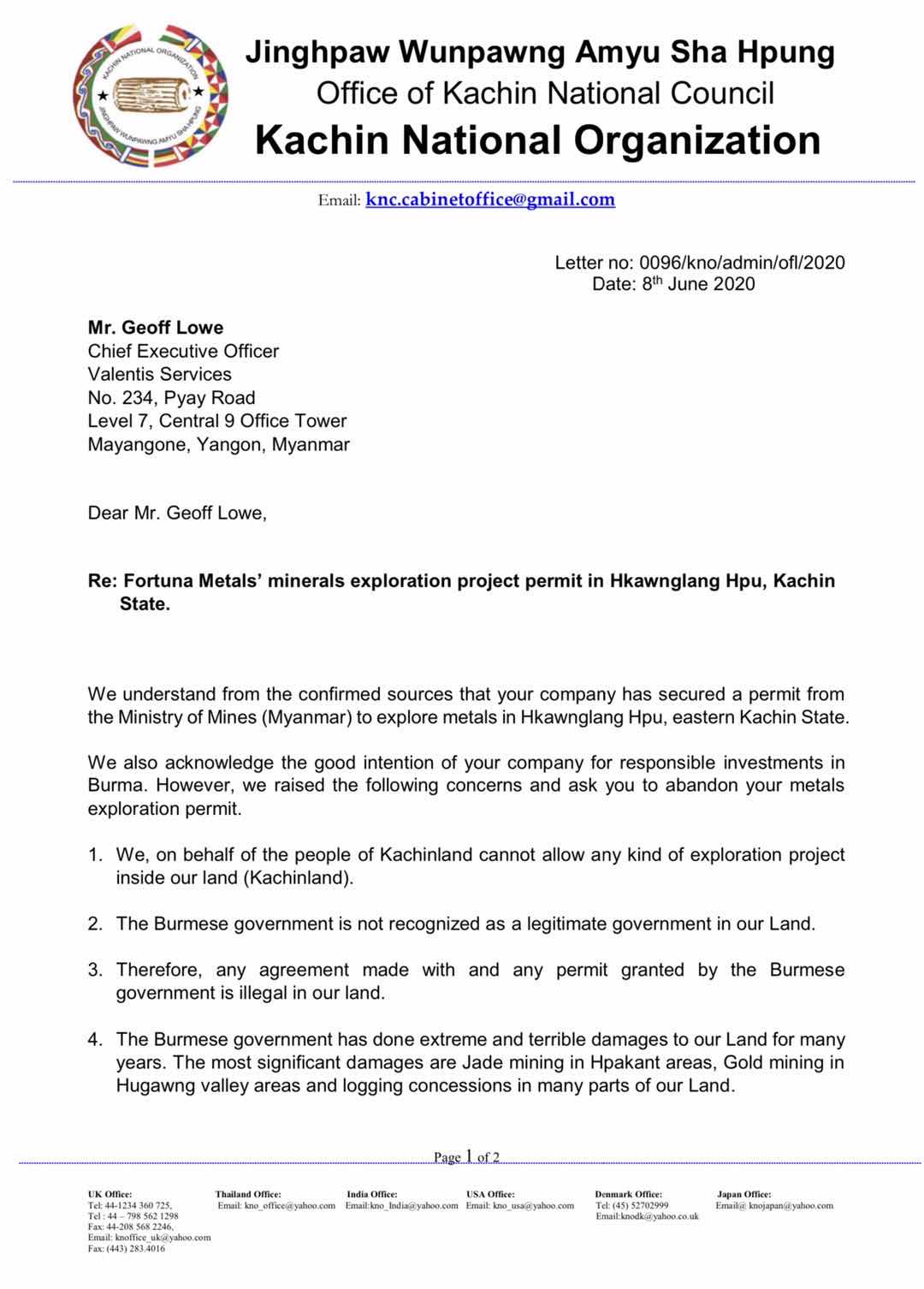 KNO致函澳大利亚公司反对其在克钦邦进行矿业勘探与投资行为