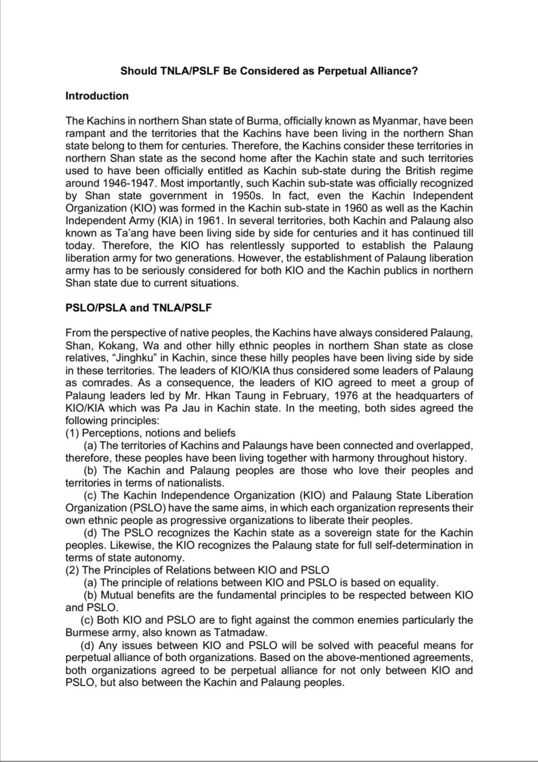   德昂民族解放军/崩龙邦解放阵线（TNLA/PSLF）  应被视为克钦独立组织的永久同盟吗？